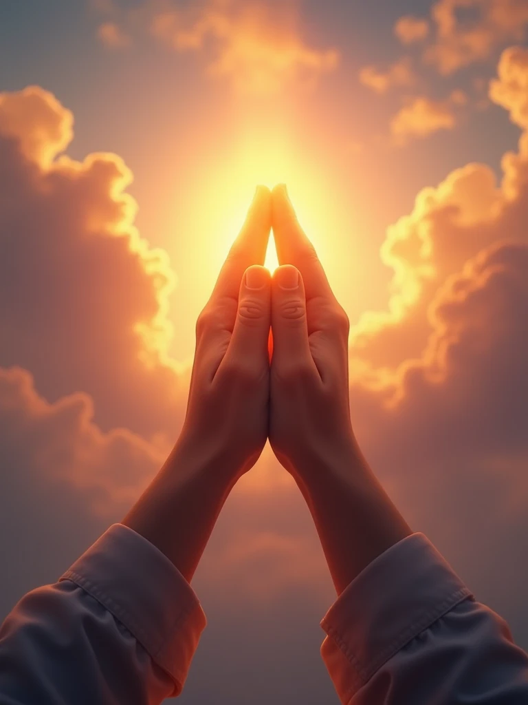 hands together praying to heaven ,beautiful sky at dusk ,warm colours