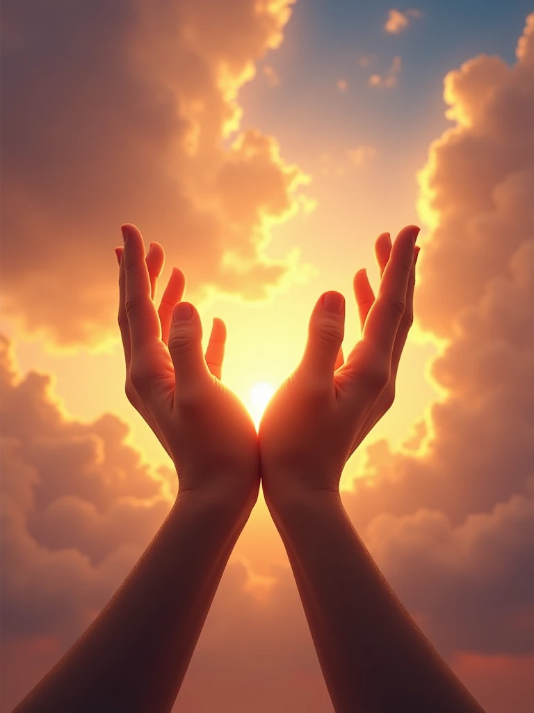 hands together praying to heaven ,beautiful sky at dusk ,warm colours