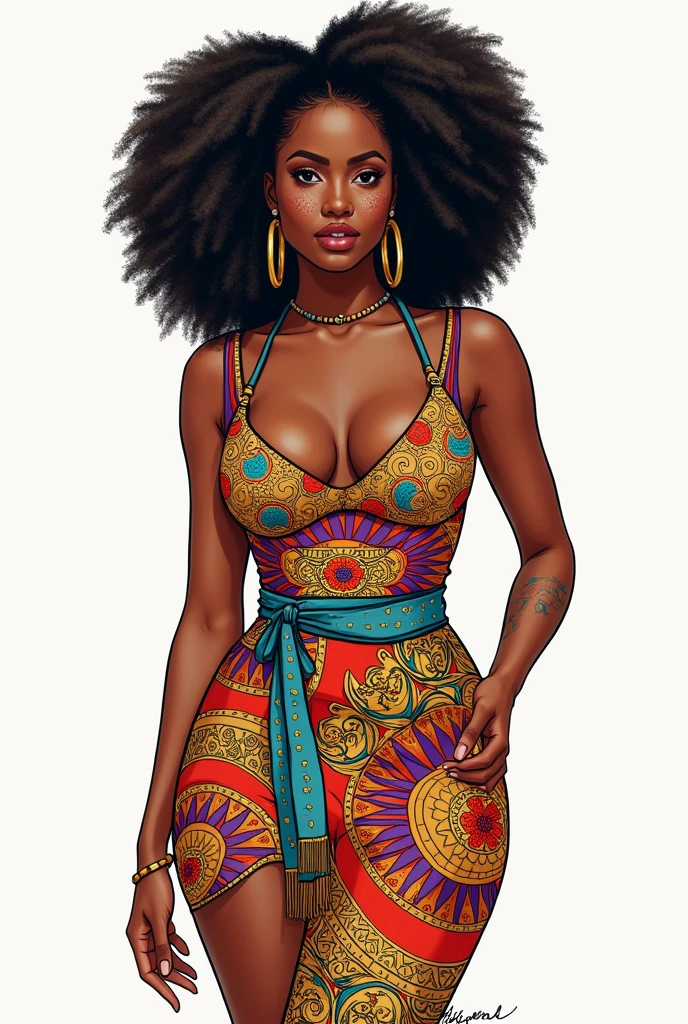 Masterpiece, Best Quality, High Resolution,Super High Resolution, Ultra realistic, Line art, coloring book of fashion model, Afro, extremely gorgeous, heart face, bold look, Stunning beauty, large butt, wide hips, full lips, spicy hot, Curvy figure, freckles 0.1, beauty marks, African couture dress, 