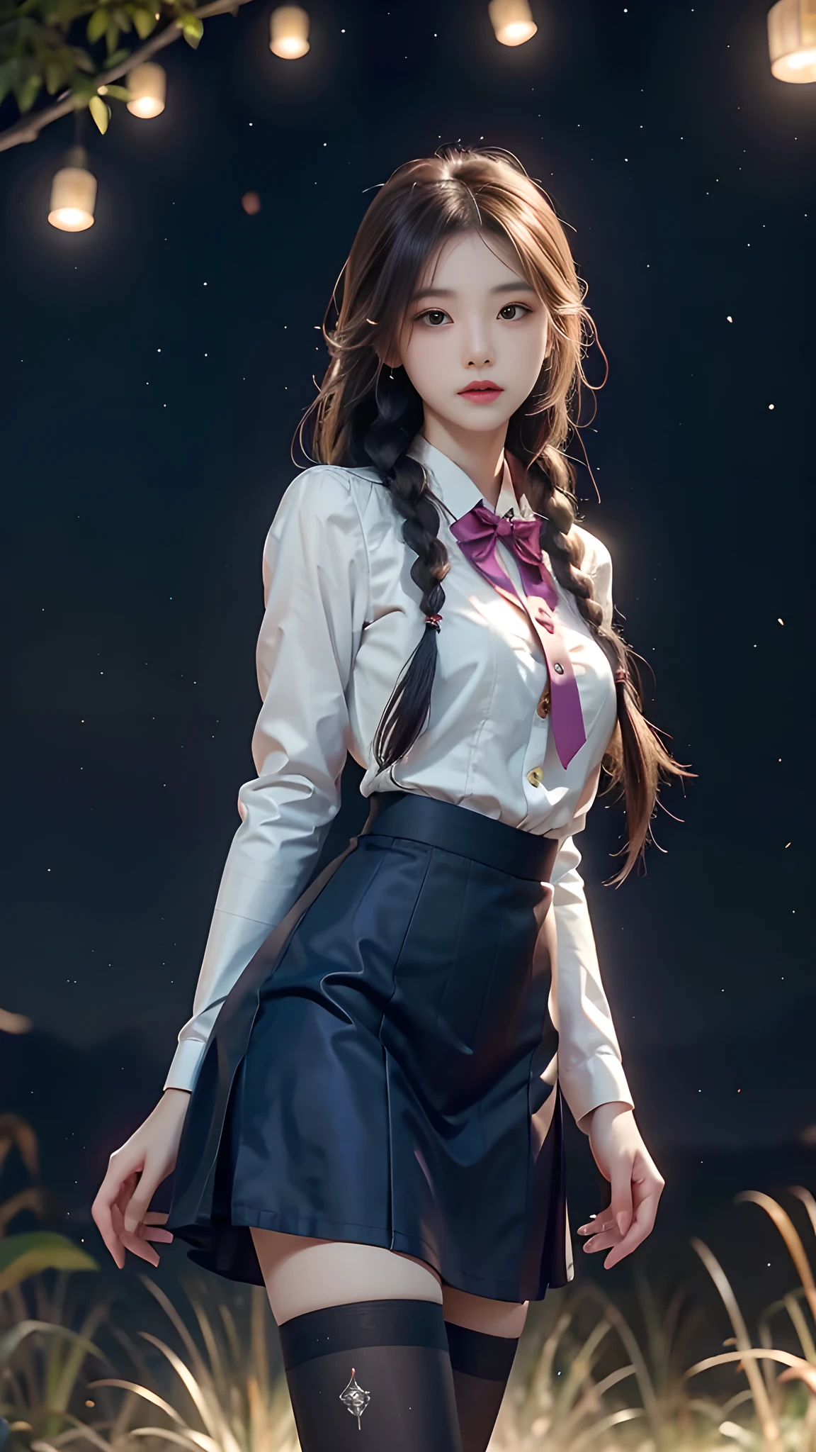 ulzzang-6500-v1.1, (RAW photo: 1.2), (Real photo), (Real photo: 1.4), 1 girl、Perfect anatomy、19 years old、Looking at the camera、Medium length hair、side braids, uniform short skirt, in a surreal royal garden, with many hanging lanterns, under the starry night sky, ((starry night: 1.1))、(Surreal tights: 1.2), (Business service)、Asian eyes Ella,
