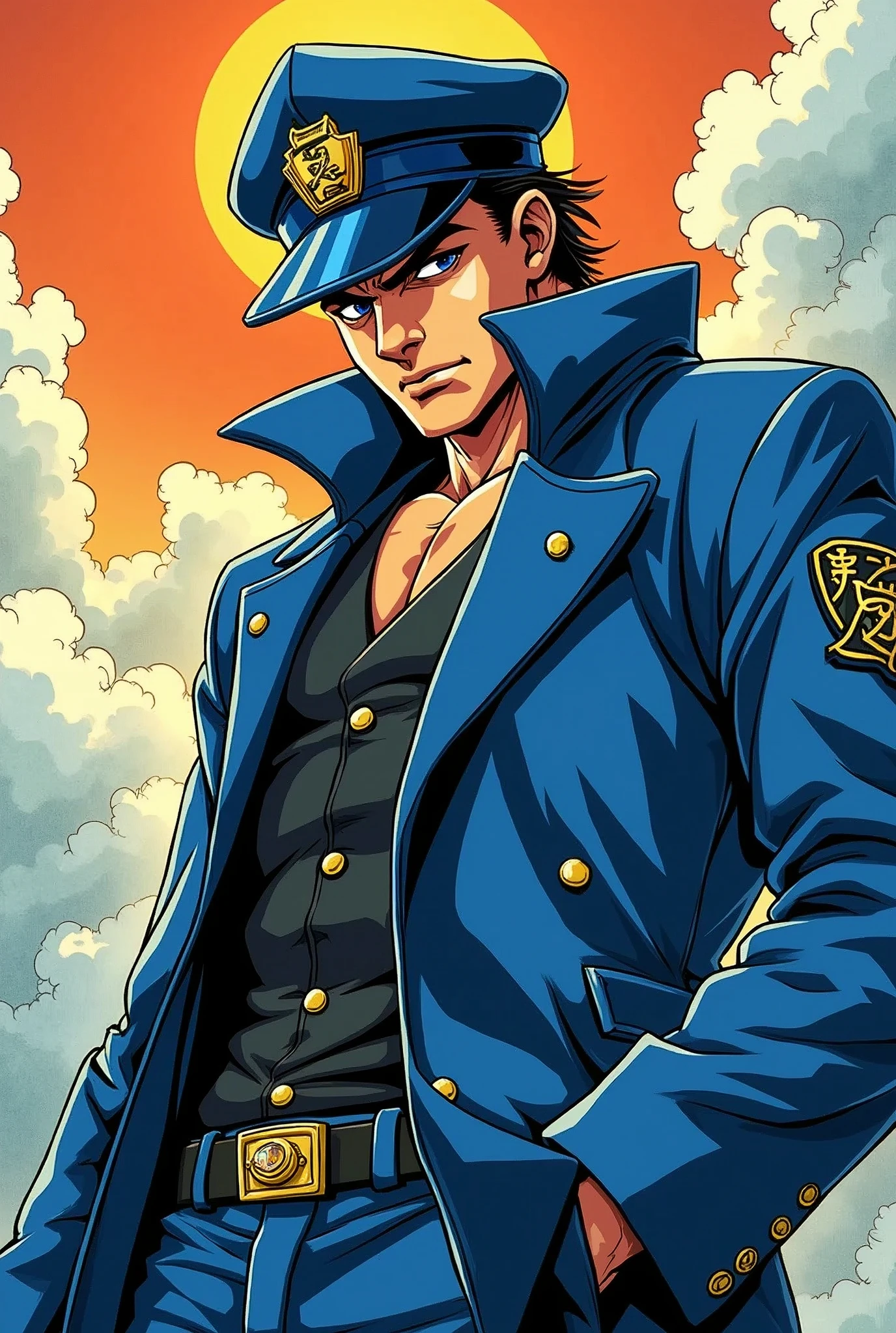 Anime character wearing a blue jacket, Joseph Joestar, jotaro kujo, Jojo anime style, jotaro, Becoming a JoJo character, In Jojo\The Bizarre Adventure of, Ninja scroll anime style, an angry muscular army general, Kentaro Miura's Manga Art Style, JJBA, Joe Biden as a JoJo character, striking manga artstyle,Dwayne Johnson style,((Defective Japan))
Japanese student cap,((Japanese Banchou))