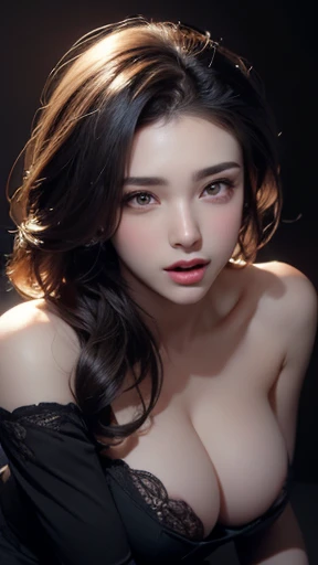 ((No NSFW)), Masterpiece, Best Quality, Illustration, Ultra-detailed, finely detail, high resolution, highest res, 8K, 16K Wallpaper, Perfect dynamic composition, detailed definite face and eyes and eyebrows and nose and lips and mouth, finely detailed eyes and face, Beautiful detailed eyes , open mouth, beautiful detailed face, Sexy face, Face feeling ecstasy, Face at the peak of sexual arousal, looking at viewer, ((Dark background)), in the style of Mark Demsteader,photorealistic, low view, full body cowboy shot of female model, sitting on the floor. Female model is around 20-23 years old with big cleavage chest and big round breasts and big bouncy breasts and small waist and wasp waist and wide hips and attractive thighs.