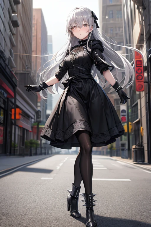 ((best quality)), ((masterpiece)), (detailed), 1 girl, full body, 18 years old, depressed face, silver eyes, arms outstretched, arms behind waist, Metal covering her eyes., Gray hood with zipper, blushing, silver hair, straight hair, bangs, lock of hair covering her eye, full body, medium breasts, slim body, metal spikes, gray bracelets, long black gloves with spikes, gray gothic ta dress, gray dress with metal spikes, puff sleeve, brooch on chest, somewhat tight, black ribbon, metal legs, black pantyhose, black boots, walking through the city, metal coming out of the road, city background, lively