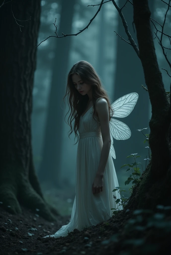 A melancholic fairy with white skin, Long brown hair, looking to the down, in a cold and dense forest at night