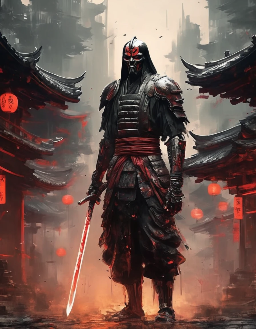 japanese art(8k uhd, masterpiece, best quality, high quality, absurdres, ultra-detailed, detailed background), (full body:1.4), (a Japanese Darth maul samurai with great sword, walking across a bunch of Japanese stormtroopers samurai), (beautiful, aesthetic, perfect, delicate, intricate:1.2), (color scheme: black), (size and shape of great sword: Daishō, massive and double-edged), (type of armor: oni style helmet, black eyes, bone and leather), (environment: ancient Japan street, outside, cyberpunk, Cyberpunk, ), perspective: slightly low angle to emphasize the warrior's power, lighting: dramatic, with a spotlight illuminating the warrior's face and sword, (depth of field: shallow, with the warrior in sharp focus and the fiery background slightly blurred), cyborg style, Movie Still, cyborg, steampunk style,