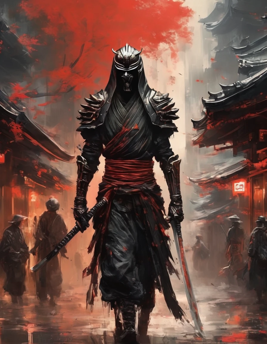 japanese art(8k uhd,  masterpiece,  best quality,  high quality,  absurdres,  ultra-detailed,  detailed background),  (full body:1.4),  (a Japanese Darth maul samurai with great sword,  walking across a bunch of Japanese stormtroopers samurai),  (beautiful,  aesthetic,  perfect,  delicate,  intricate:1.2),  (color scheme: black),  (size and shape of great sword: Daishō,  massive and double-edged),  (type of armor: oni style helmet,  black eyes,  bone and leather),  (environment: ancient Japan street,  outside,  cyberpunk,  Cyberpunk, ),  perspective: slightly low angle to emphasize the warrior's power,  lighting: dramatic,  with a spotlight illuminating the warrior's face and sword,  (depth of field: shallow,  with the warrior in sharp focus and the fiery background slightly blurred),  cyborg style, Movie Still,  cyborg, steampunk style,