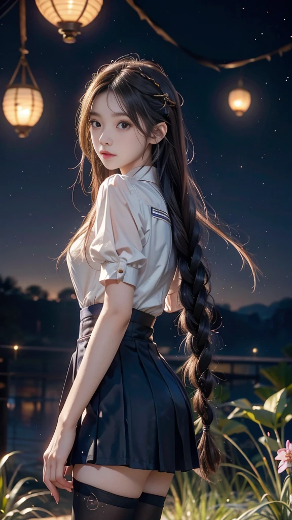 ulzzang-6500-v1.1, (RAW photo: 1.2), (Real photo), (Real photo: 1.4), 1 girl、Perfect anatomy、19 years old、Looking at the camera、Medium length hair、side braids, uniform short skirt, in a surreal royal garden, with many hanging lanterns, under the starry night sky, ((starry night: 1.1))、(Surreal tights: 1.2), (Business service)、Asian eyes Ella,