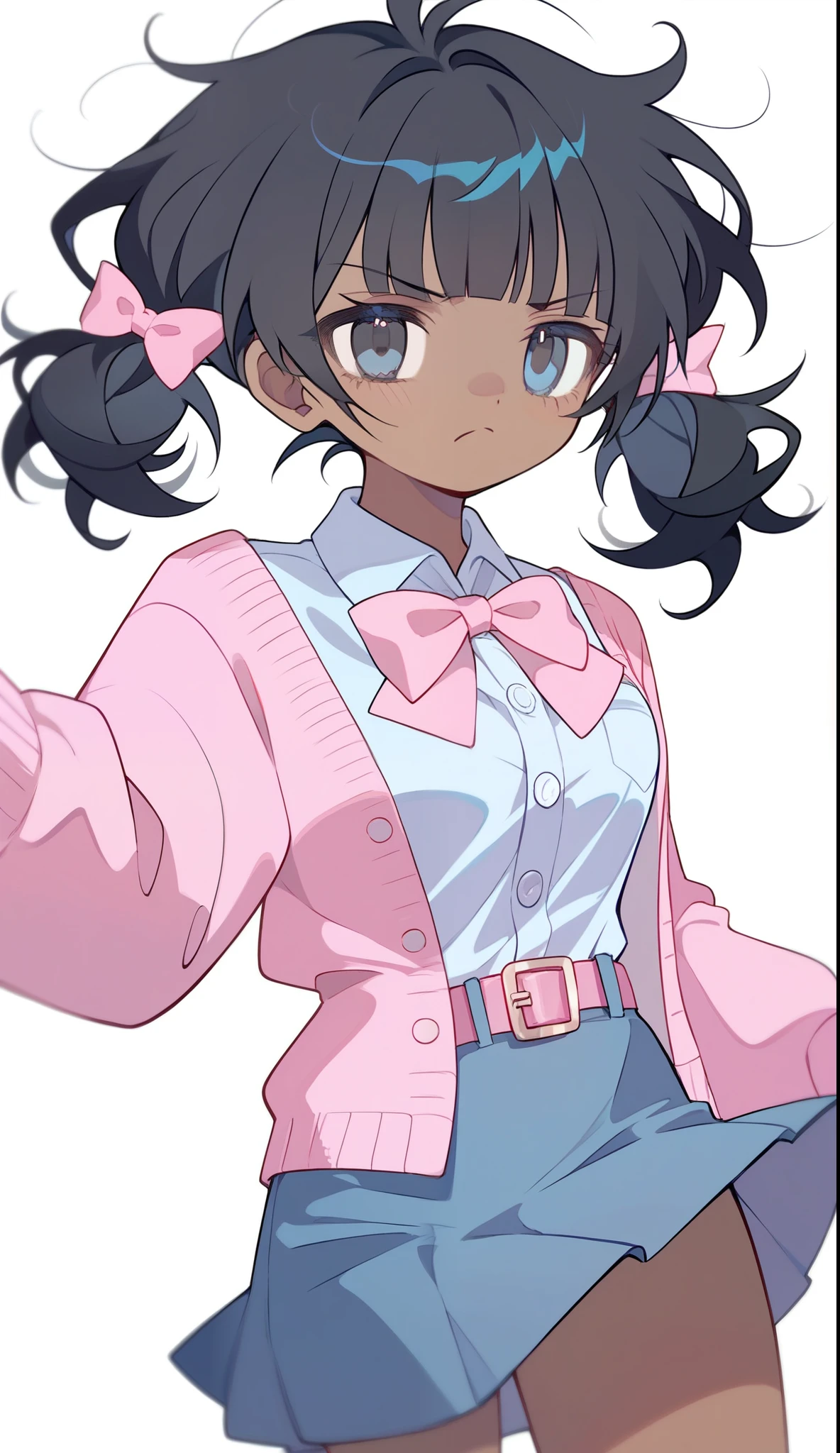 pigtails,cryinglight black hair,blunt bangs,pastel blue jean skirt with pink belt,pastel pink cardigan with buttons and a pastel pink bow,messy hair,pastel black eyes,angry,mature woman,straigh hair,dark skin,african american