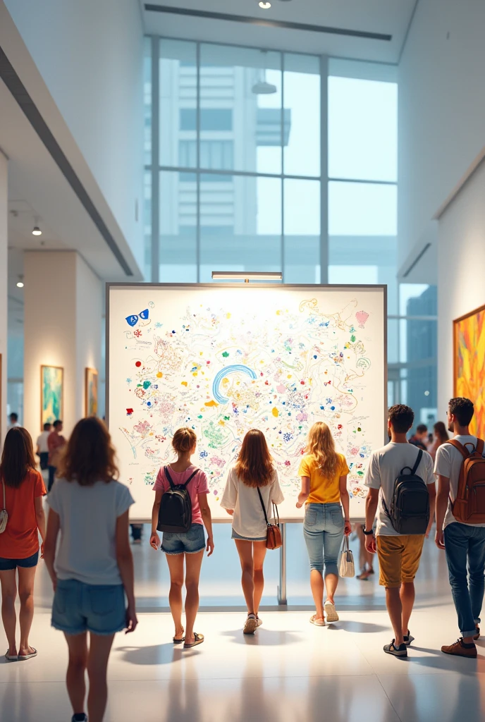 Carefree people walking past a whiteboard in a museum