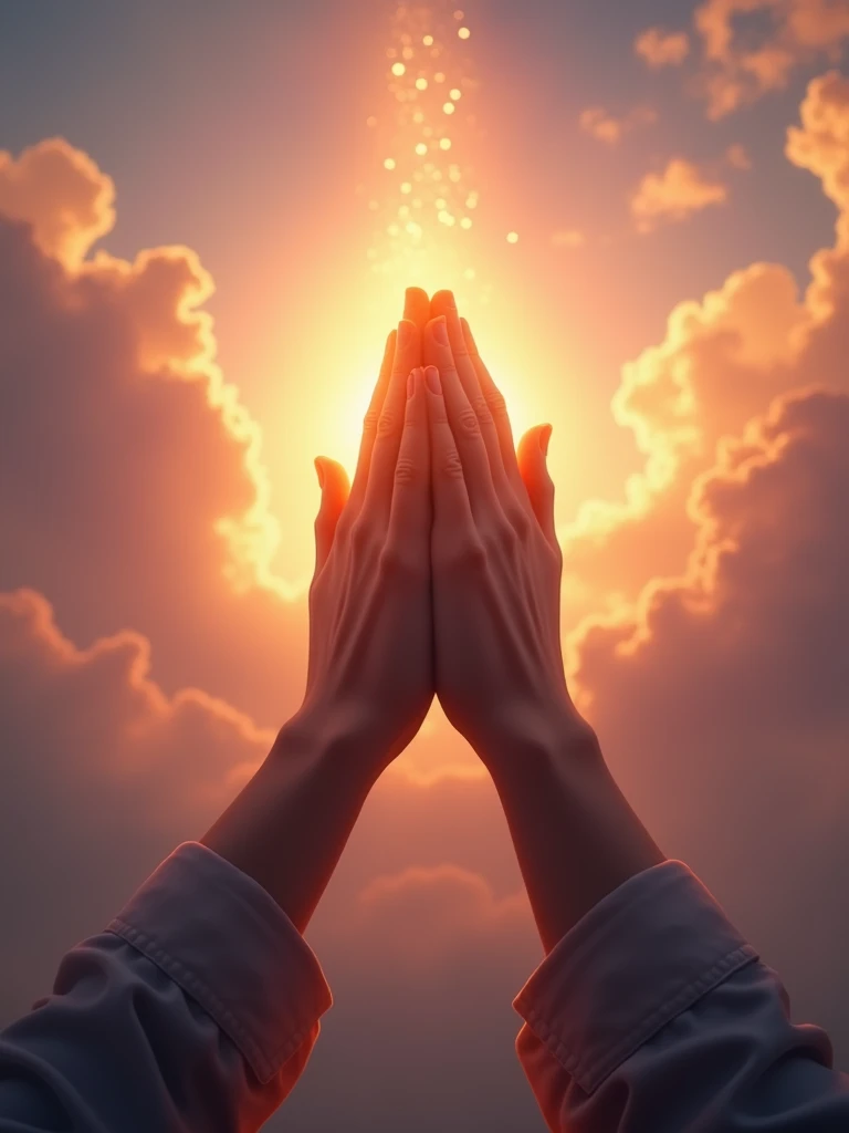 hands together praying to heaven ,beautiful sky at dusk ,warm colours