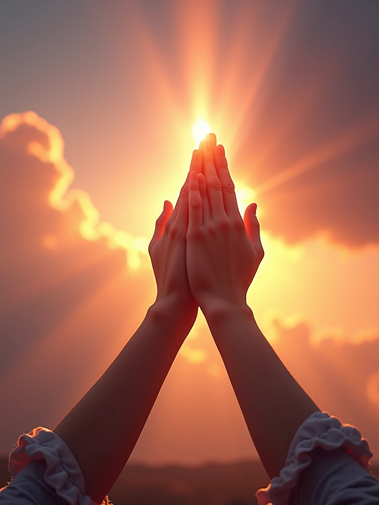 hands together praying to heaven ,beautiful sky at dusk ,warm colours