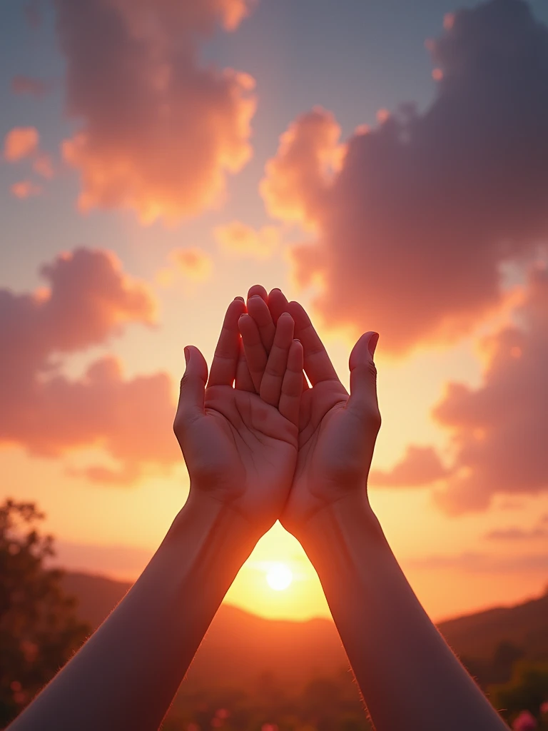hands together praying to heaven ,beautiful sky at dusk ,warm colours