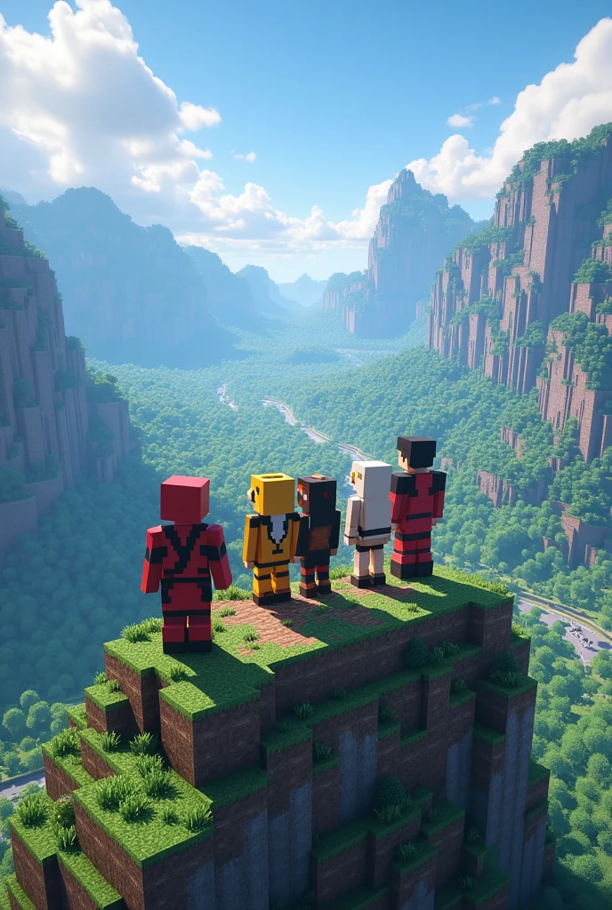 An image with a landscape on top of a mountain with a valley and 5 other people looking at the horizon in Minecraft I want them with skins like Deadpool,naruto,milk,Ash,Goku