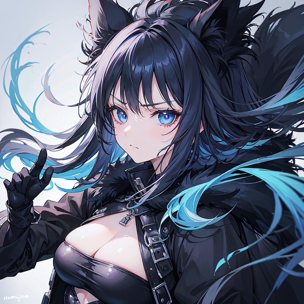 blue eyed woman, black fur, sloppy clothes with an annoyed expression