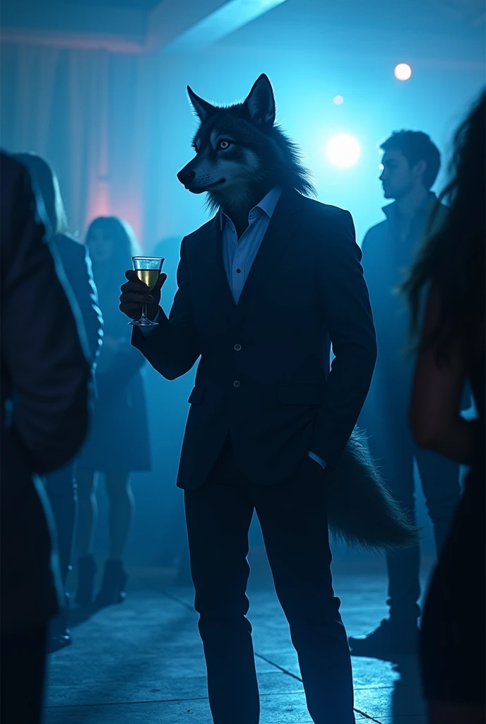 a university wolf, he is wearing a dark party outfit for halloween, he has a drink in his hand, in the background there is a dance floor, The air is gloomy,  the reference color is blue