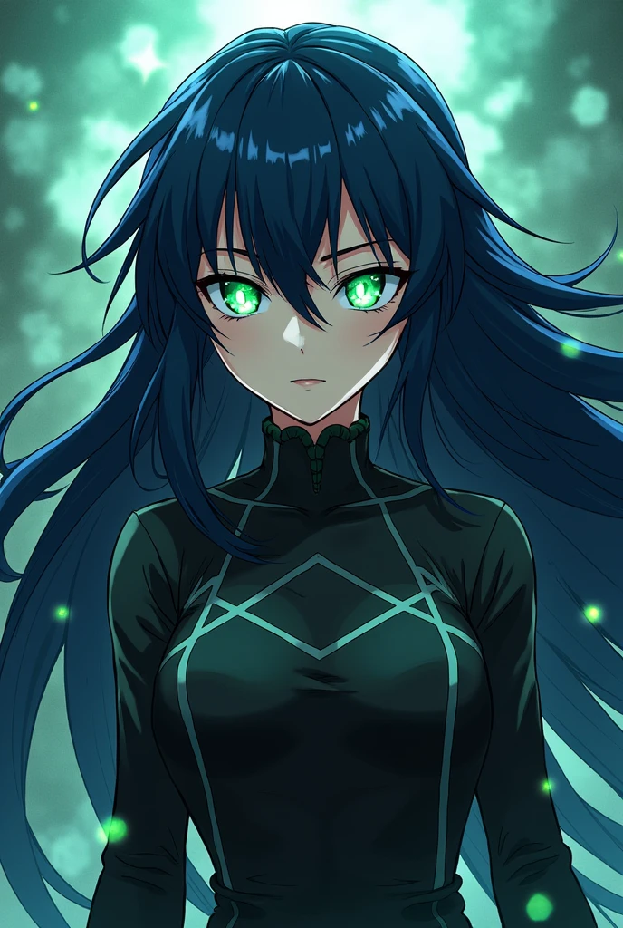 Jujutsu Kaisen, Female gender, dark blue hair, green eyes,with sparkles around it,Long hair, Whole body