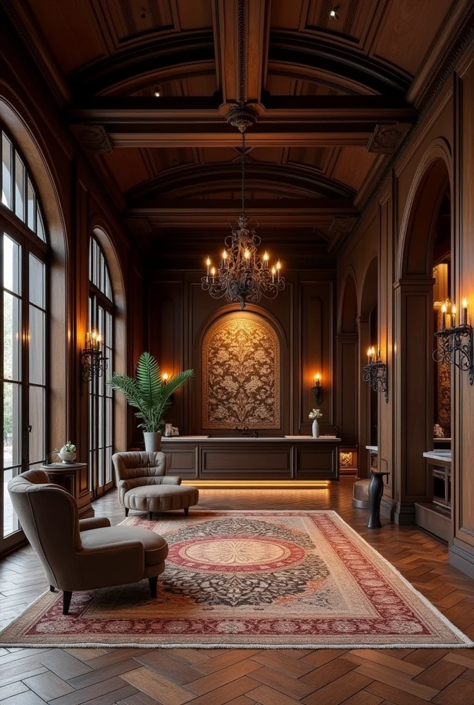 I have a rustic hotel made of dark wood but luxurious and large, about 30 meters wide., I want to see the hotel reception