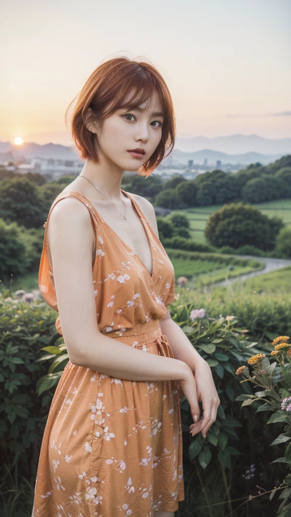 Model actress、One Woman、Singer-songwriter、cool、cute、Japanese and half European、Bright orange hair colour、short hair、Sunset landscape、countryside、summer、CD cover