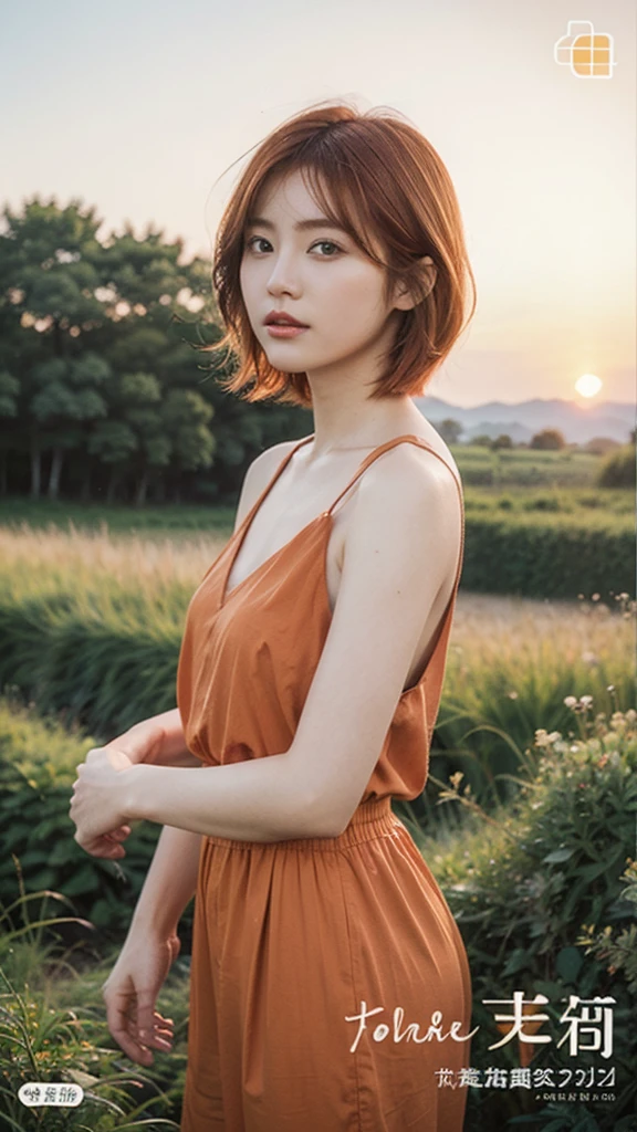 Model actress、One Woman、Singer-songwriter、cool、cute、Japanese and half European、Bright orange hair colour、short hair、Sunset landscape、countryside、summer、CD cover