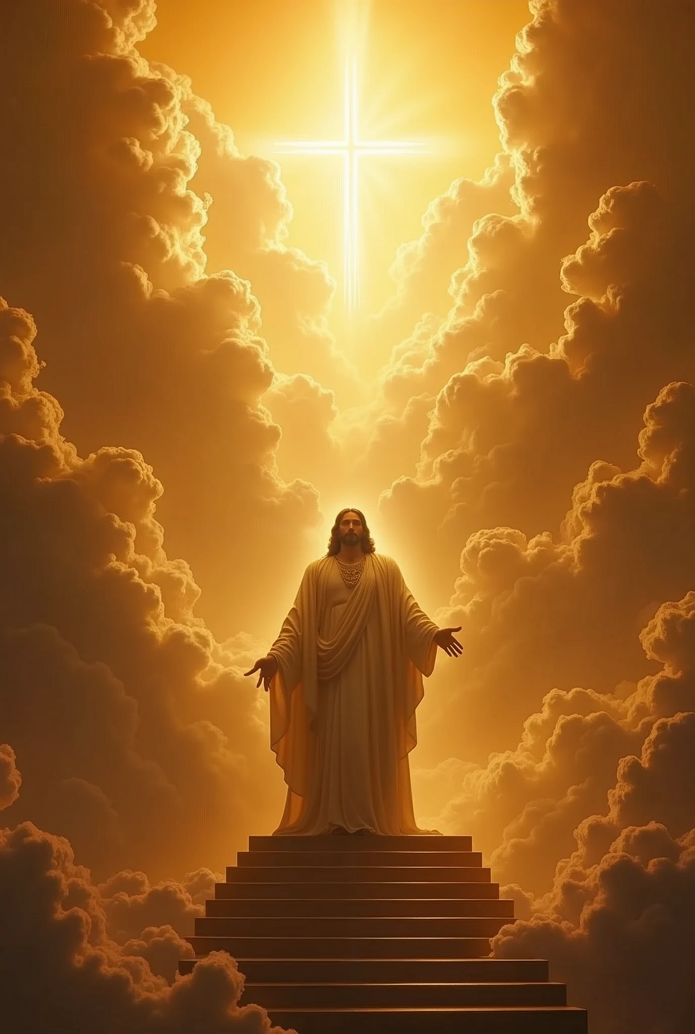 Crie Deus Pai coroado e assentando em um trono with his face hidden because it shines so much. To the right of the throne make Jesus crowned standing, with his face hidden because it shines so much. Use shades of gold, many clouds and angels worshiping the glory of God 