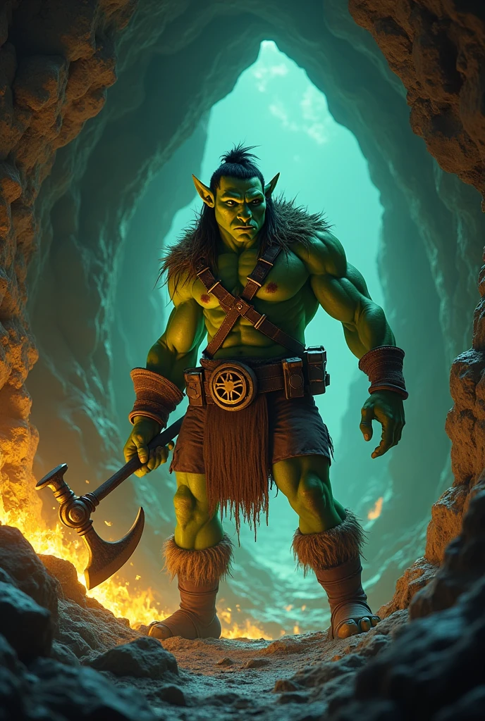 Young skinny green-skinned orc inside a cave with a pickaxe in his hands and ores glowing in the background