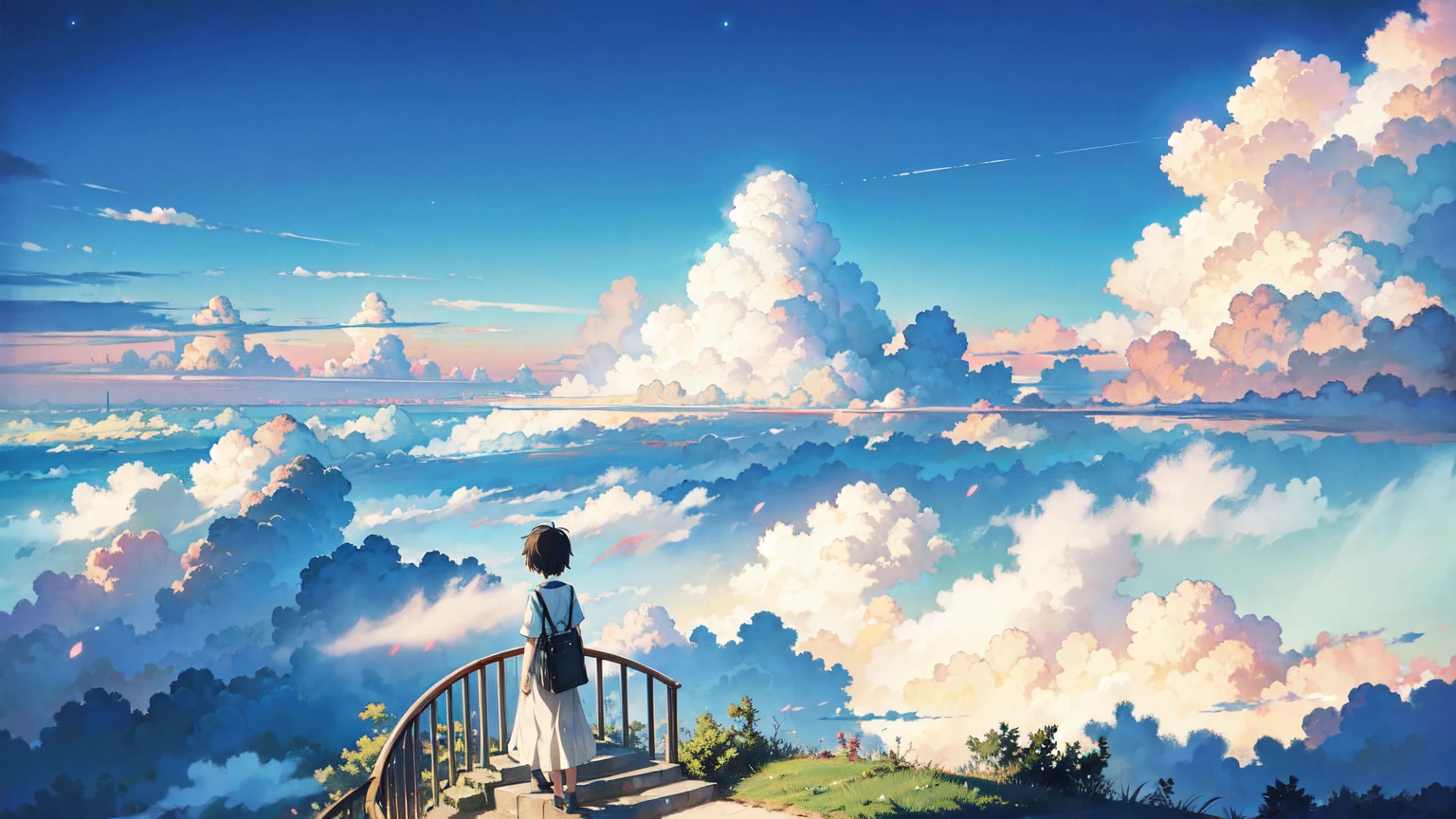 Bright picture, Makoto Shinkai, city in the sky, above the clouds, stairway in the sky, illustration, nostalgic, vivid, background only, bright, fresh