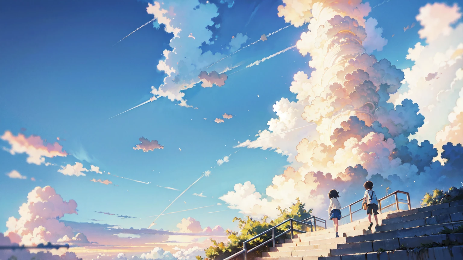 Bright picture, Makoto Shinkai, city in the sky, above the clouds, stairway in the sky, illustration, nostalgic, vivid, background only, bright, fresh