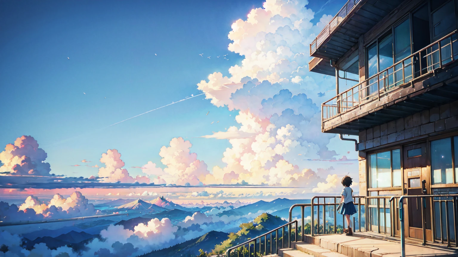 Bright picture, Makoto Shinkai, city in the sky, above the clouds, stairway in the sky, illustration, nostalgic, vivid, background only, bright, fresh