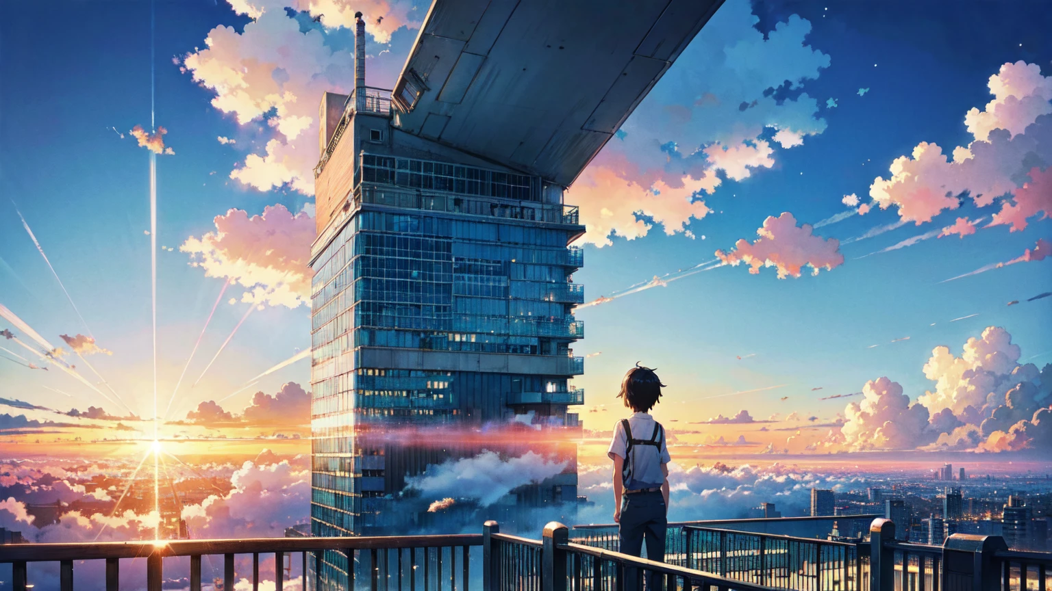 Bright picture, Makoto Shinkai, city in the sky, above the clouds, stairway in the sky, illustration, nostalgic, vivid, background only, bright, fresh