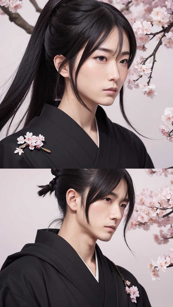 Create an anime-style portrait of a Japanese nobleman, inspired by historical paintings. The character has a stern expression, with sharp, defined features typical of traditional anime art. He wears traditional black robes with intricate yet simplified patterns. The character's hair is styled with a topknot, and his eyes are larger and more expressive in the anime style. The background features delicate sakura branches with blossoms, but with a softer, stylized gradient to match the anime aesthetic. The overall color palette is vibrant, with clean and bold line work.
