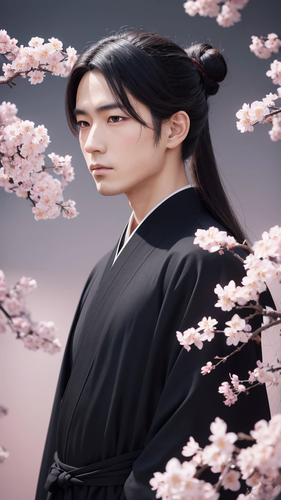 Create an anime-style portrait of a Japanese nobleman, inspired by historical paintings. The character has a stern expression, with sharp, defined features typical of traditional anime art. He wears traditional black robes with intricate yet simplified patterns. The character's hair is styled with a topknot, and his eyes are larger and more expressive in the anime style. The background features delicate sakura branches with blossoms, but with a softer, stylized gradient to match the anime aesthetic. The overall color palette is vibrant, with clean and bold line work.