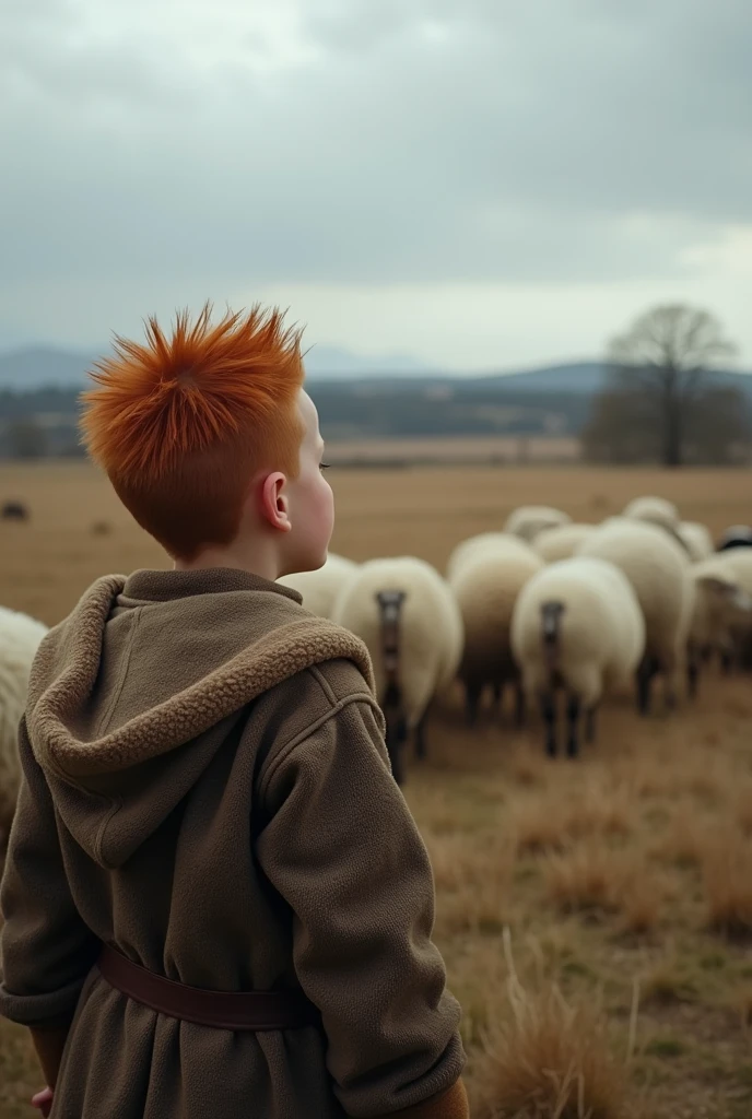 a boy with red hair with his hair shaved on the sides and long on top watching the sheep on a cold afternoon, in the iron age
