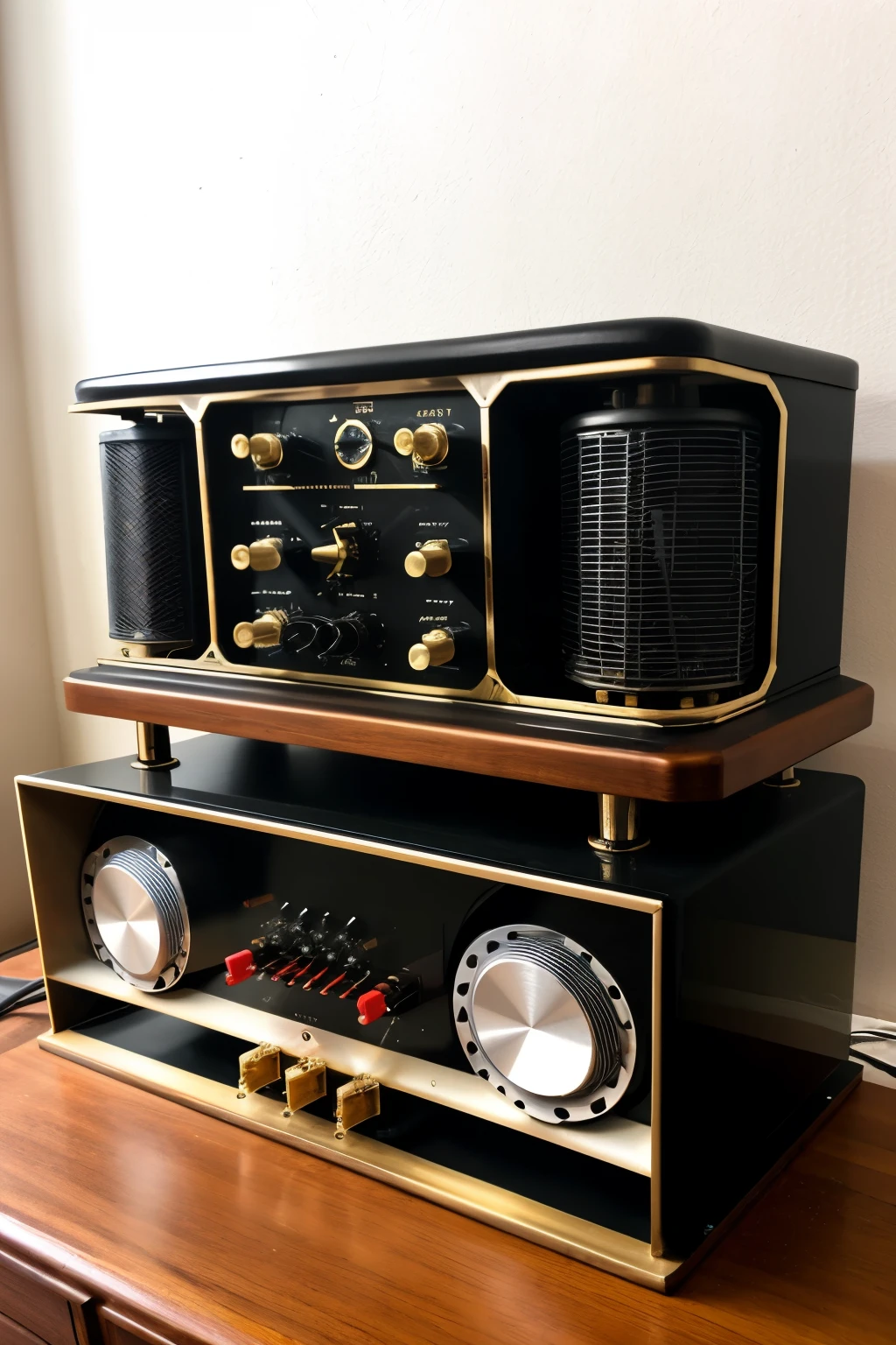 teslapunkai, retro-futuristic, complicated device, stereo amplifier, vacuum tubes, transformer, radiator, strict design, hi-end, high end