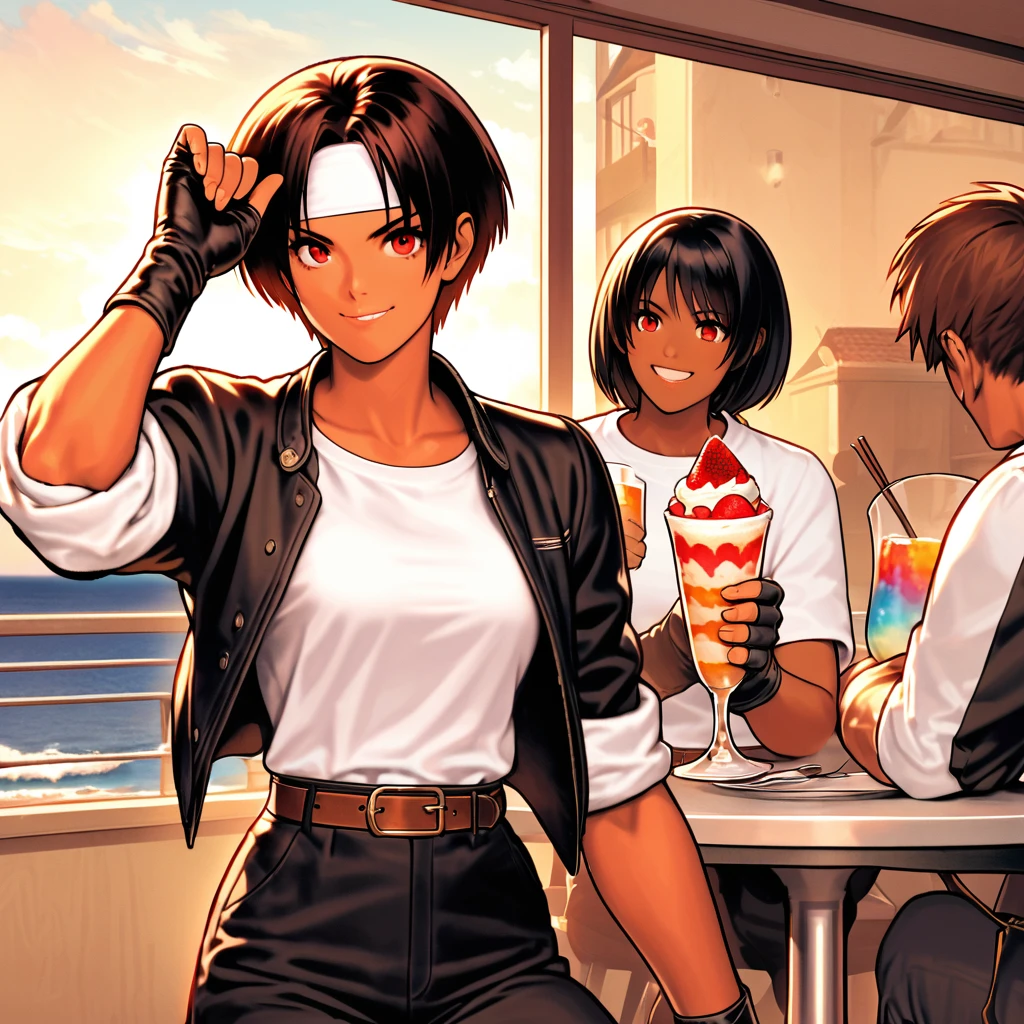 One person,woman,short hair,Dark Skin,Red eyes,(black jacket with sleeves rolled up),Fingerless gloves,White T-shirt, (White headband on forehead),Black trousers,White shoes,Brown belt,cute,Indoor Party,Charm Points,Ocean View,Slightly large chest,Outdoor,high quality,good looking,A confident smile,Dining with friends on the terrace,Vibrant atmosphere,Sit on a chair,Eat a parfait