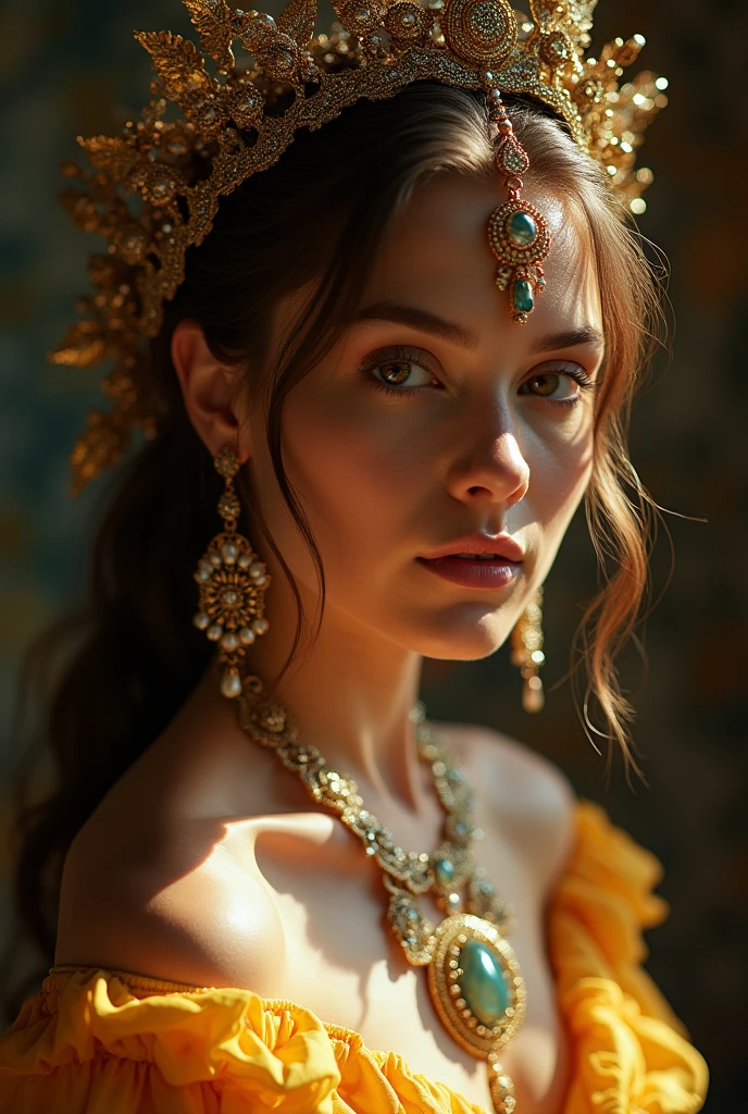 a beautiful Australian female model, elegant and graceful, wearing magical realism style fashion design, high fashion editorial, dramatic lighting, ethereal, cinematic, ((Inspired by Megan Hess)), masterpiece, best quality, 8k, ultra-detailed, photorealistic, dramatic shadows, warm color tones, dramatic chiaroscuro lighting, fantasy, magical realism, intricate and ornate details, flowing fabric, dynamic pose, captivating gaze, delicate features, flawless skin, luxurious jewelry, intricate headpiece, mesmerizing