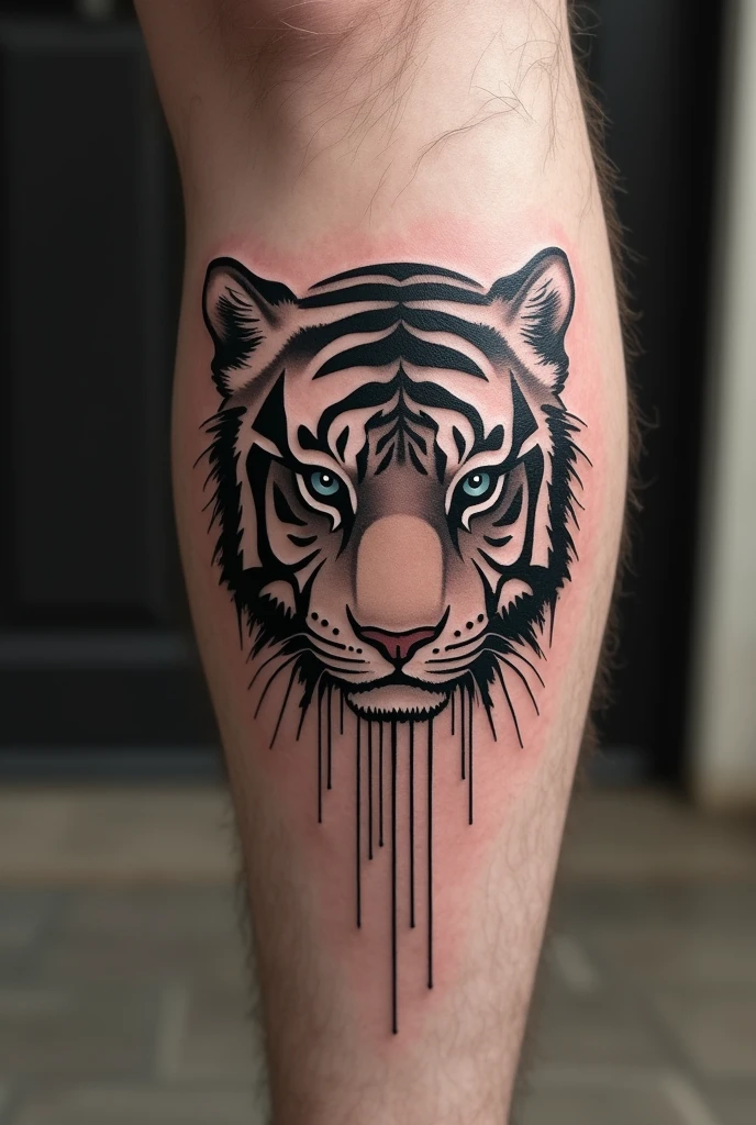 Men leg tattoo with tiger or lion eye, just eye and simple line tattoo mixed with it