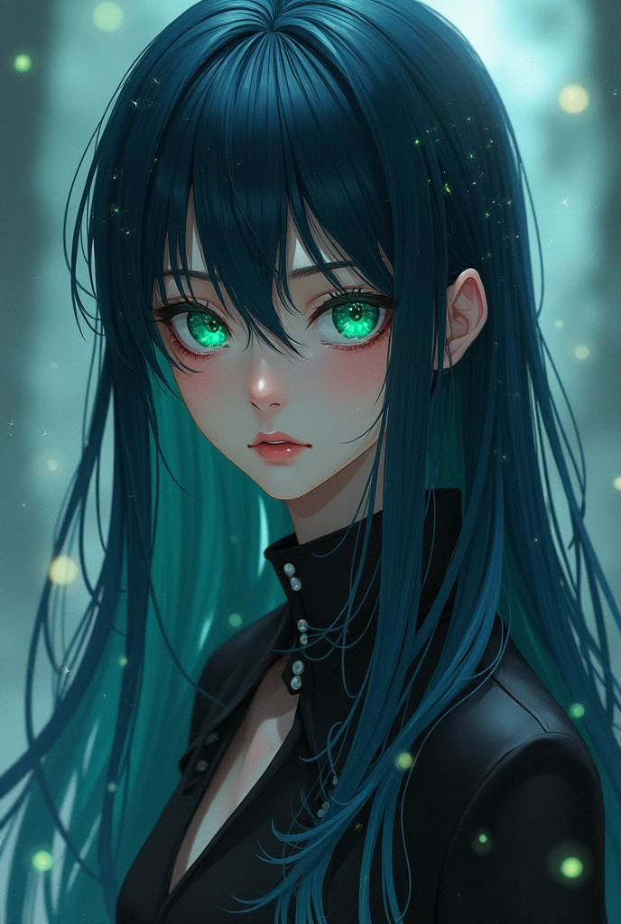 Jujutsu Kaisen, Female gender, dark blue hair, green eyes,with sparkles around it,Long hair, Whole body