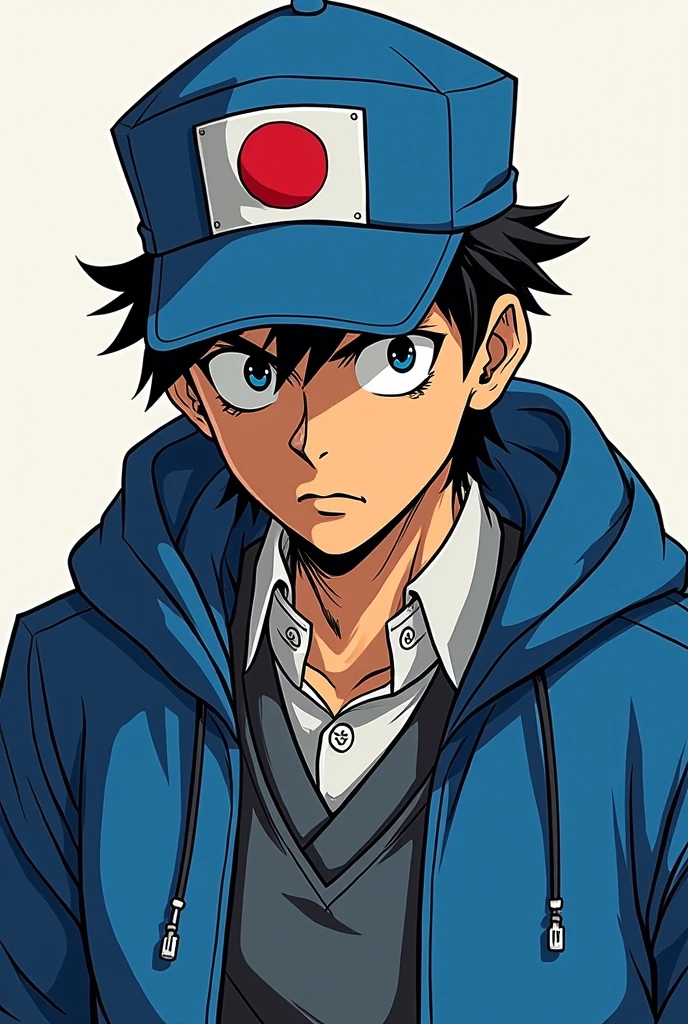 An anime character wearing a blue hat and a blue jacket, jotaro kujo, Jojo anime style, jotaro, Becoming a JoJo character, JoJo's Bizarre Adventure,, Kentaro Miura's Manga Art Style, JJBA, Joe Biden as a JoJo character, striking manga artstyle,Dwayne Johnson style,((Defective Japan))
((Viewpoint is at top left))
Japanese student cap,((Japanese Banchou))