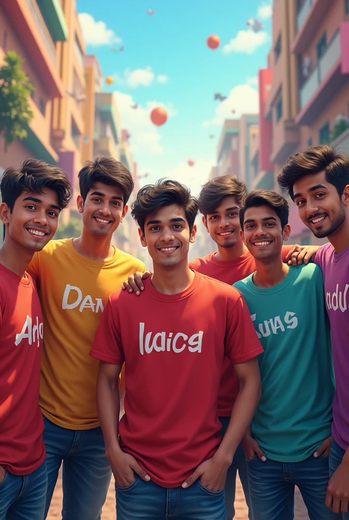 Image of 6 guys having name akarsh, vasu, raghav, Arjun, dhruv, satwik on their t shirts