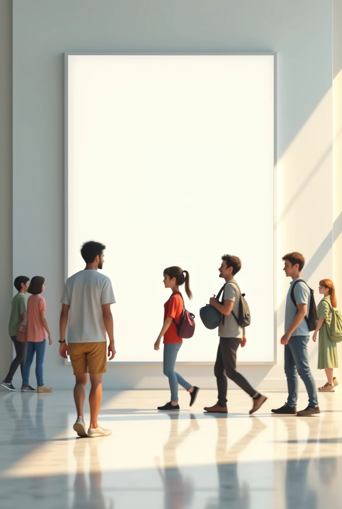 Carefree people walking past a whiteboard in a museum ,they can't look at him or stand in front of him