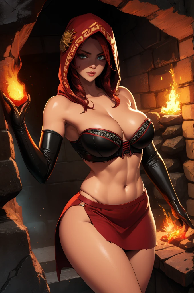 Dsorceress, redhair, shadowy face,dark cave, fire, hood, shadowed cute face, mini skimpy strapless bra, slim and athletic body, skinny thighs, skimpy slit miniskirt, no underwear, no panty, elbow gloves, dark skin, 1 girl (insanely detailed, masterpiece, best quality)