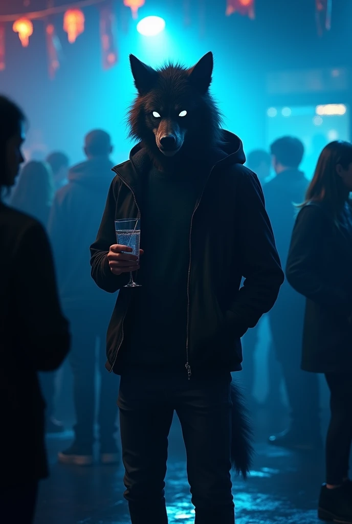 a university wolf, He is wearing a more casual outfit for a dark Halloween-themed party., he has a drink in his hand, in the background there is a dance floor, The air is gloomy,  the reference color is blue