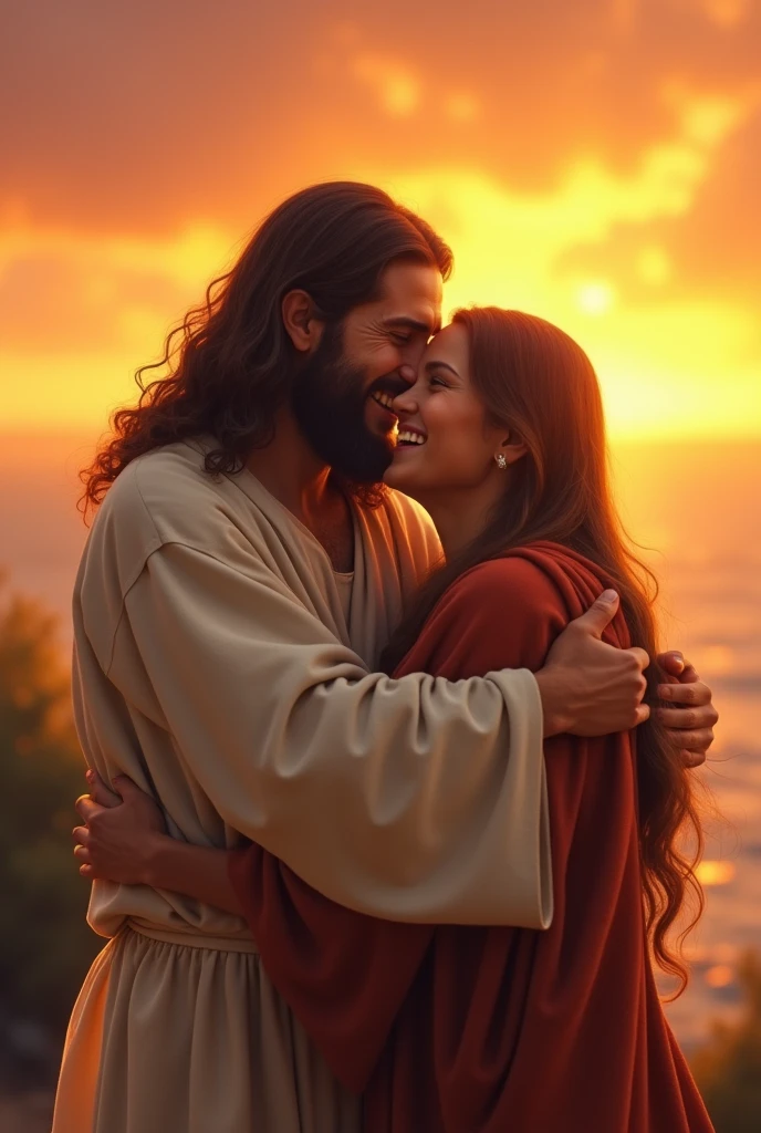 Jesus of Nazareth smiling and hugging with a sunset background 