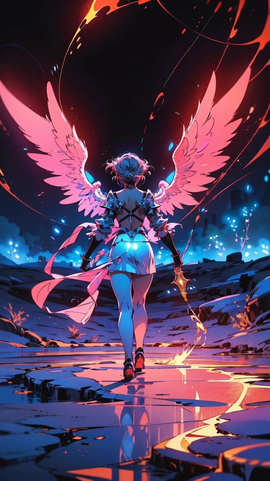 high details, best quality, 16k, [best detailed], masterpiece, best quality, (extremely detailed), a view from the rear of a beautiful angel looking through  a magical portal onto hell, the portal has magical pink magical wards  on it, she sees the fiery hell and rolling inferno faize , GlowingRunes_paleblue, GLOWING STYLE