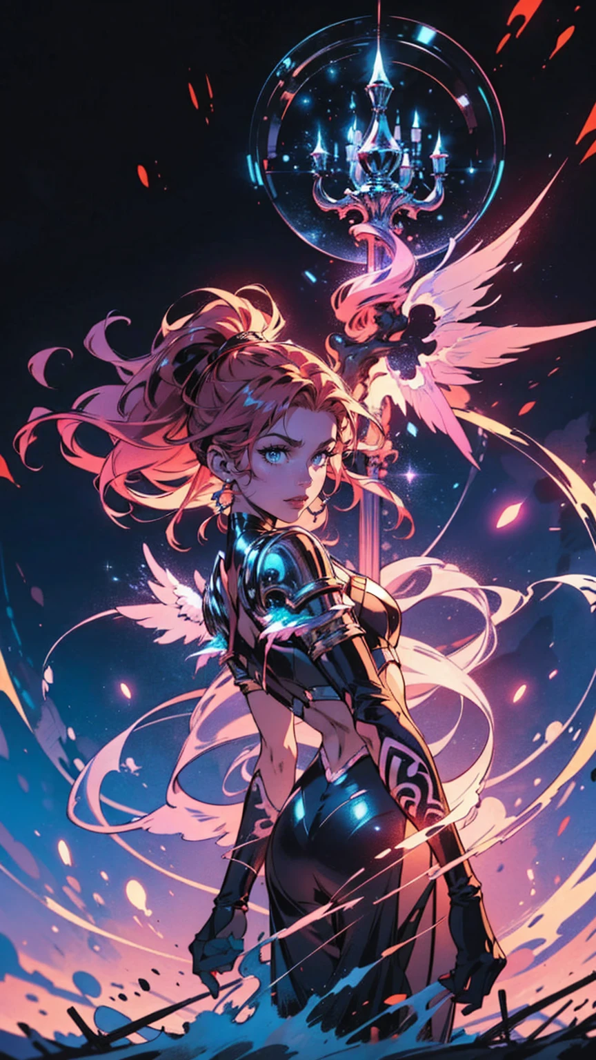 high details, best quality, 16k, [best detailed], masterpiece, best quality, (extremely detailed), a view from the rear of a beautiful angel looking through  a magical portal onto hell, the portal has magical pink magical wards  on it, she sees the fiery hell and rolling inferno faize , GlowingRunes_paleblue, GLOWING STYLE