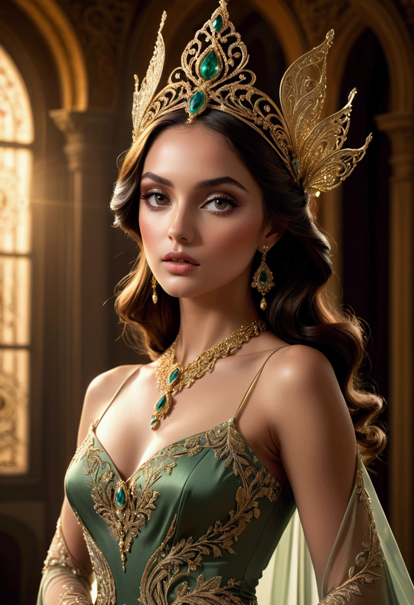 a beautiful Italian female model, elegant and graceful, wearing magical realism style fashion design, high fashion editorial, dramatic lighting, ethereal, cinematic, ((Inspired by Megan Hess)), masterpiece, best quality, 8k, ultra-detailed, photorealistic, dramatic shadows, warm color tones, dramatic chiaroscuro lighting, fantasy, magical realism, intricate and ornate details, flowing fabric, dynamic pose, captivating gaze, delicate features, flawless skin, luxurious jewelry, intricate headpiece, mesmerizing