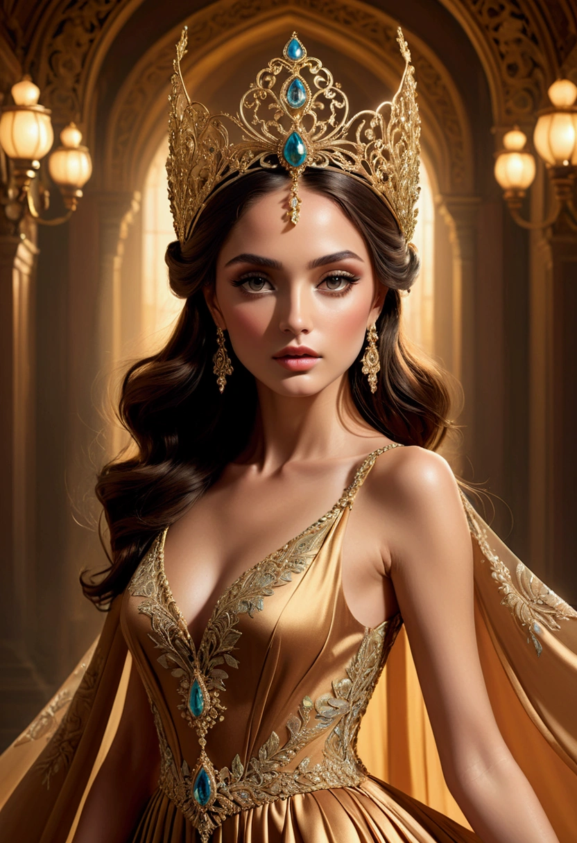 a beautiful Italian female model, elegant and graceful, wearing magical realism style fashion design, high fashion editorial, dramatic lighting, ethereal, cinematic, ((Inspired by Megan Hess)), masterpiece, best quality, 8k, ultra-detailed, photorealistic, dramatic shadows, warm color tones, dramatic chiaroscuro lighting, fantasy, magical realism, intricate and ornate details, flowing fabric, dynamic pose, captivating gaze, delicate features, flawless skin, luxurious jewelry, intricate headpiece, mesmerizing