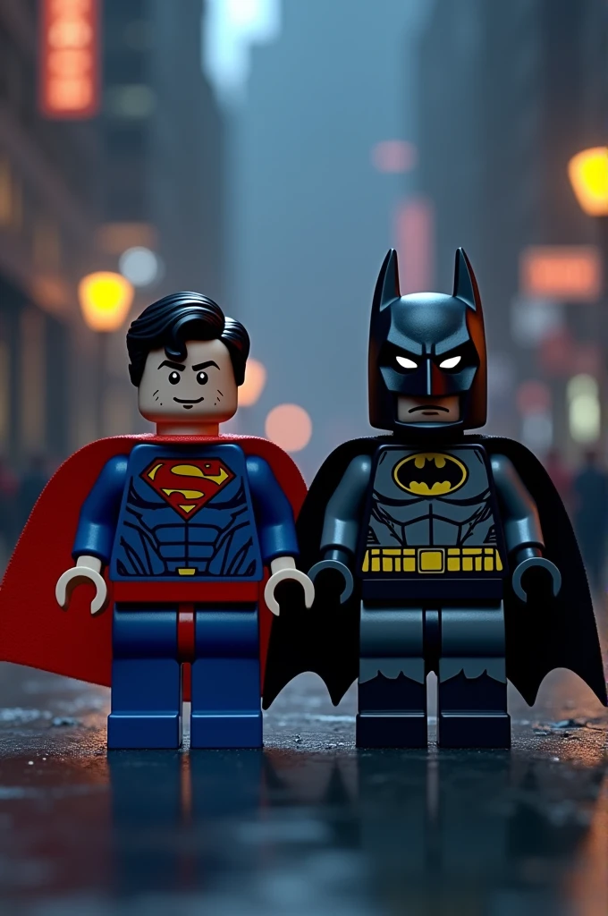Superman and Batman in Lego art, at night.