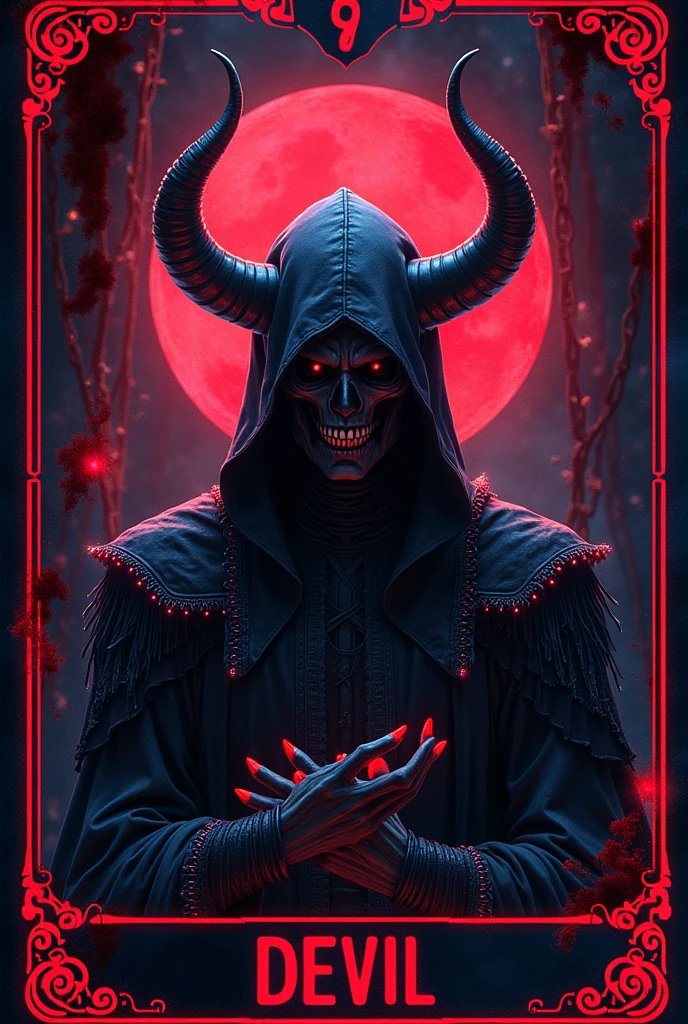 Tarot cards, Lucifier, Gothic style, mysterious with dark neon and holographic colors, bloody red card border, the word DEVIL inscription detailed, 8k