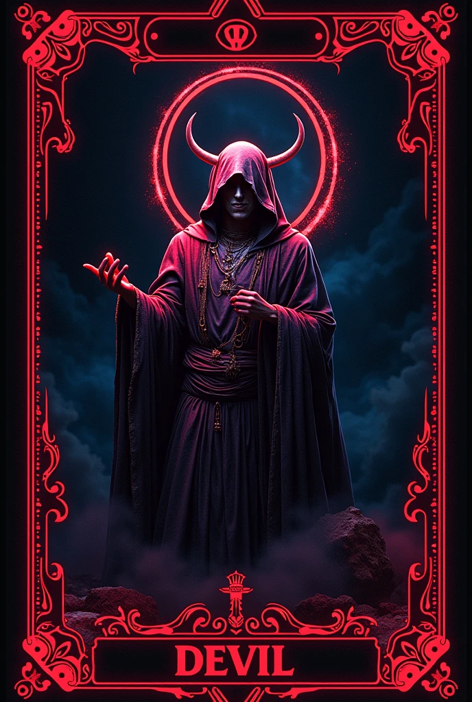 Tarot cards, Lucifier, mysterious with dark neon and holographic colors, bloody red card border, the word DEVIL inscription detailed, 8k
